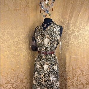 ✨Vintage Y2K Boho Leopard & Floral Button Down Collared Midi Dress✨